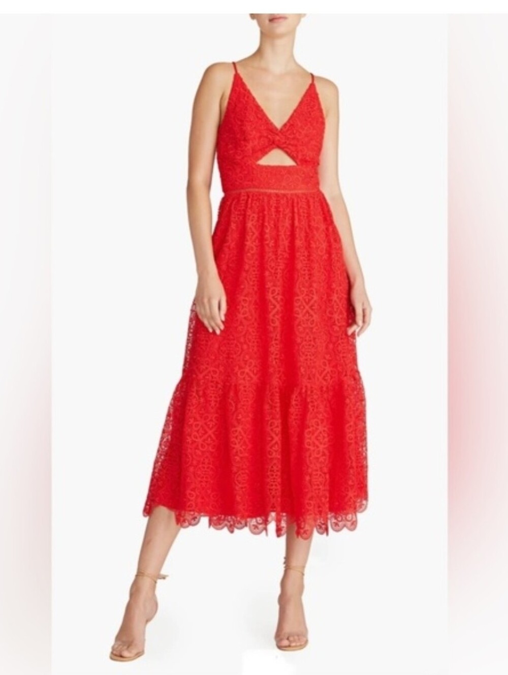 ML Monique Lhuillier Twist-Front Cutout Lace Midi Dress Red Size 8